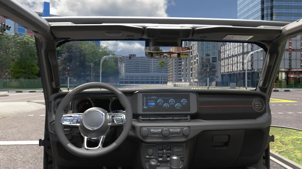 Real-time 3D driver view through a 4x4 windscreen into a city street