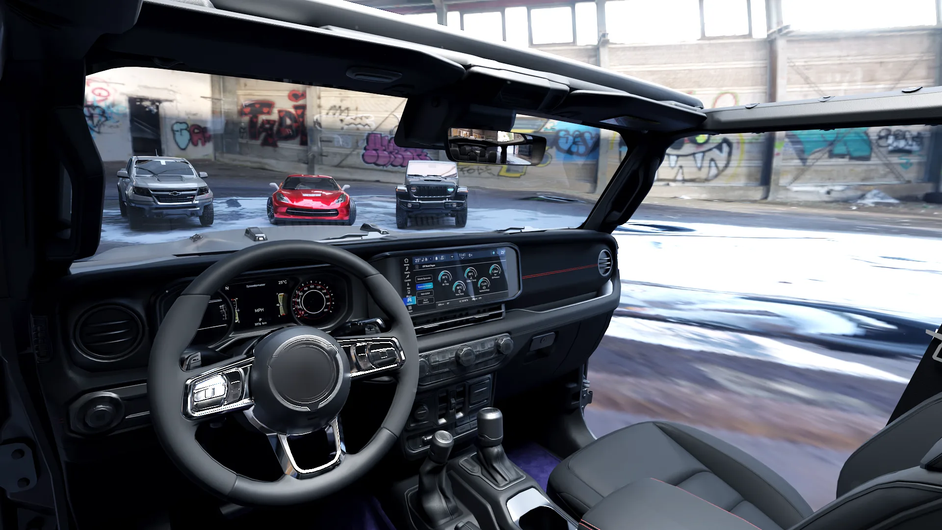 3D render of an open-top 4x4 cabin, looking past the wheel to the infotainment screen