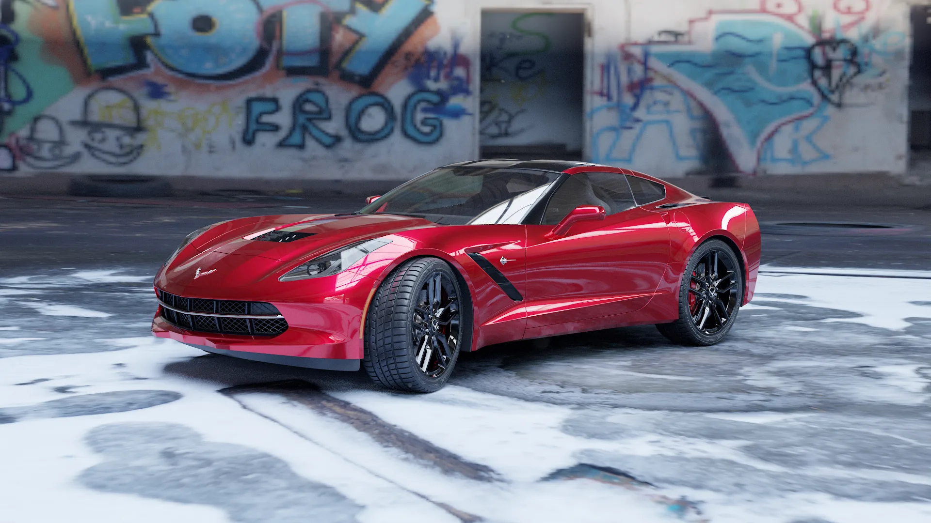 Red sports coupe, rendered in 3D, parked in a graffiti-lined warehouse