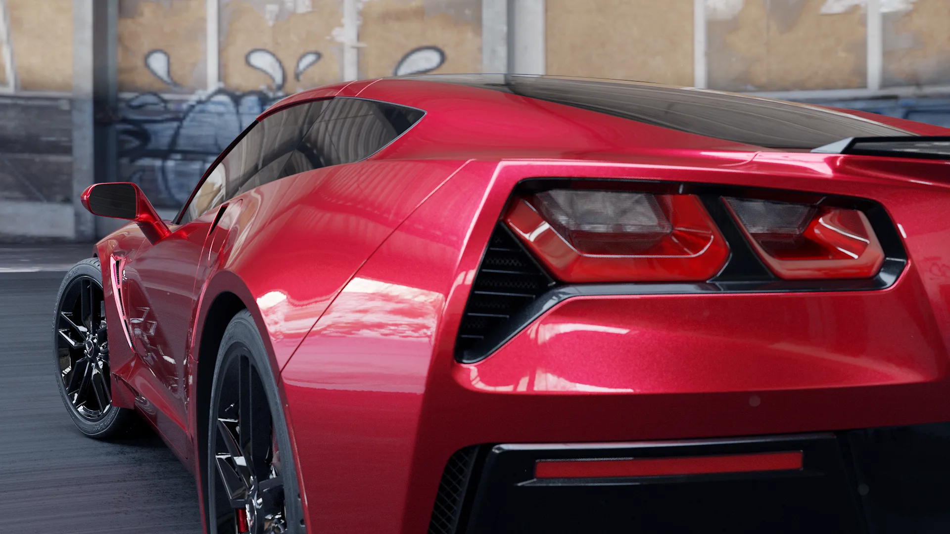 Close 3D render of the coupe's rear, showing paint flake and tail lights