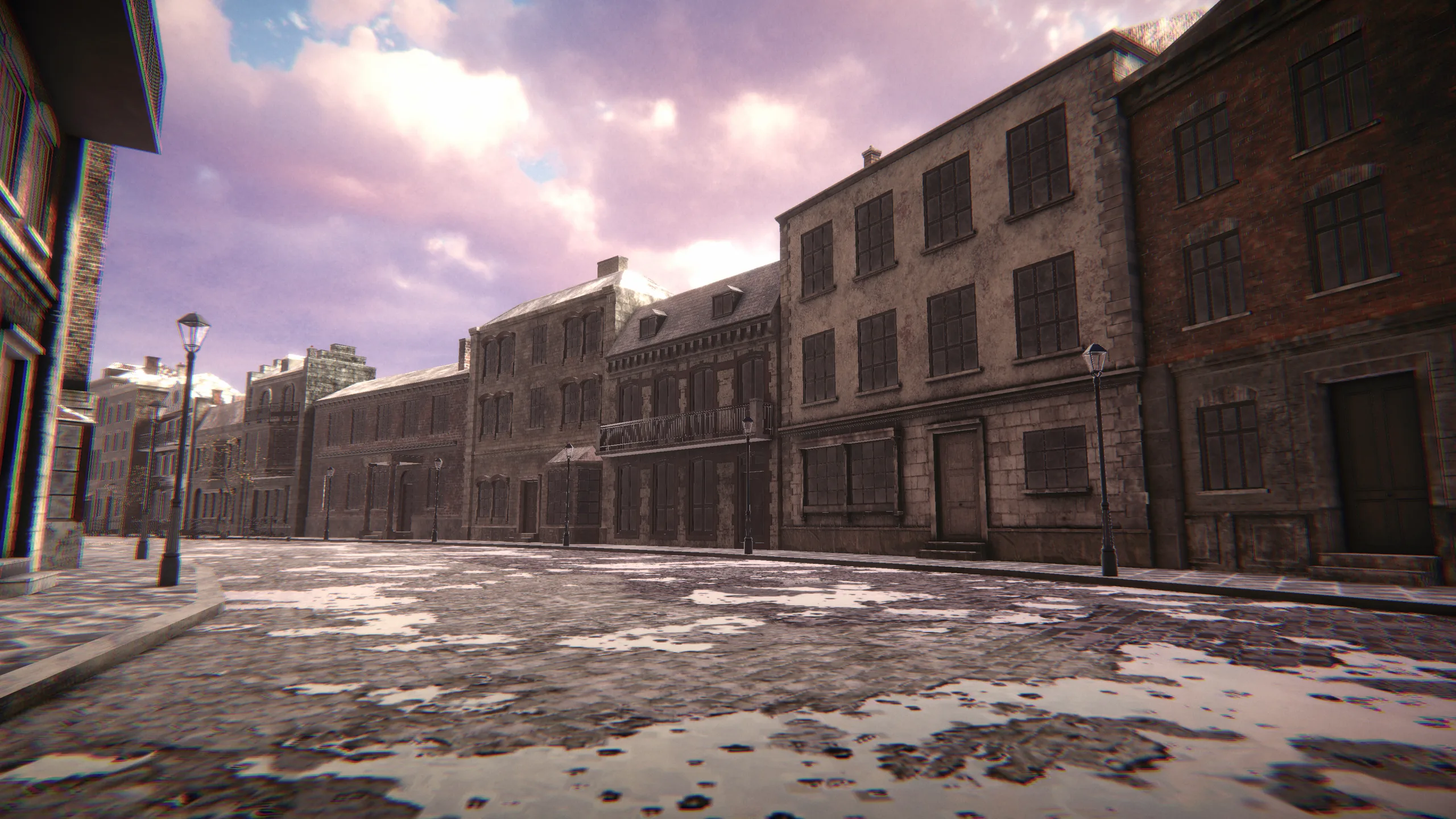 3D render: Old town, dusk