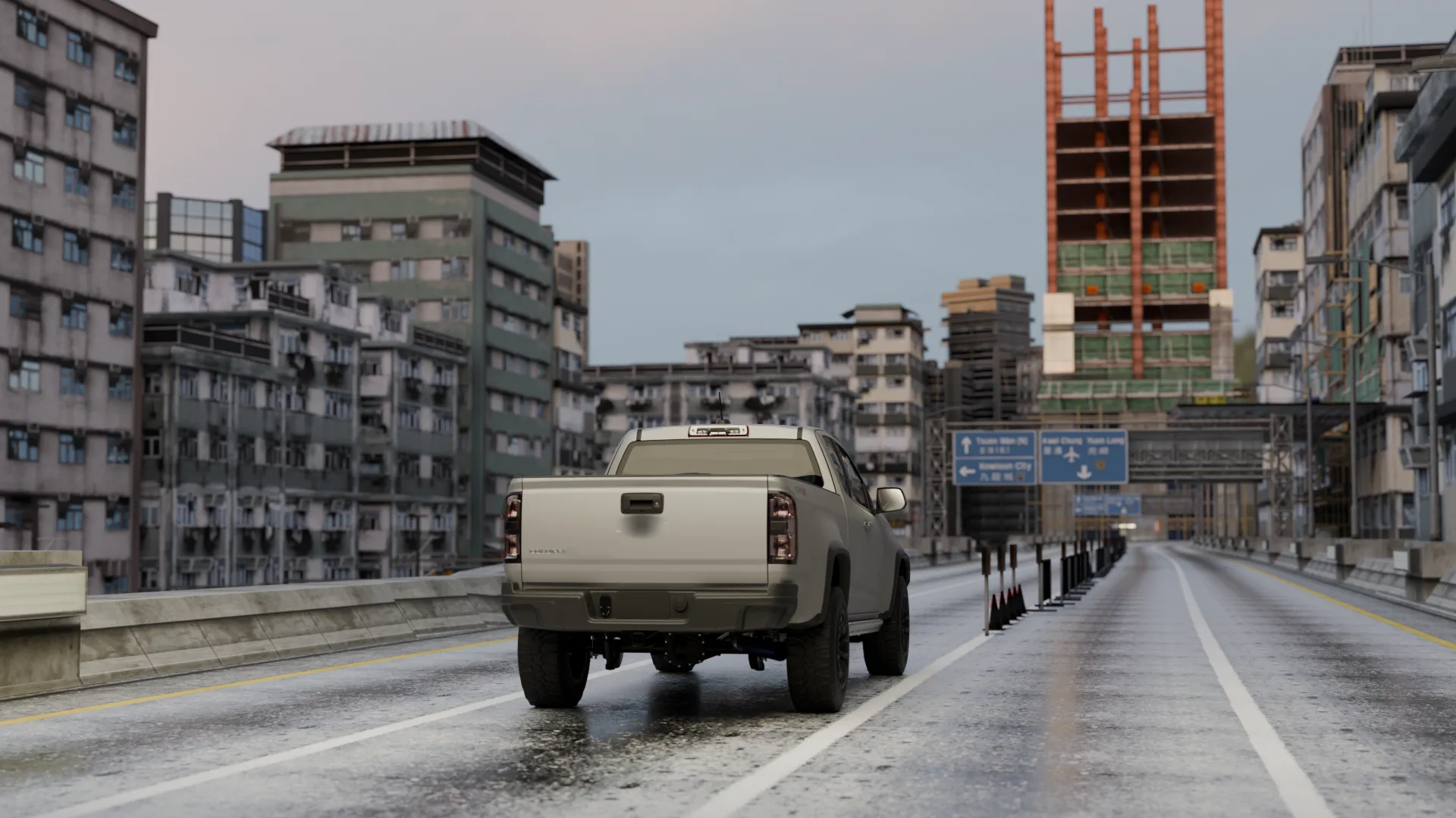 3D render: Wet city road