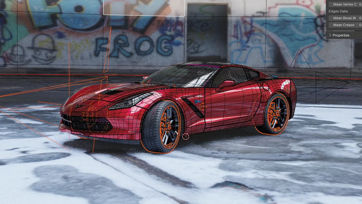 Blender camera view of the coupe with its quad mesh overlaid on the lit scene